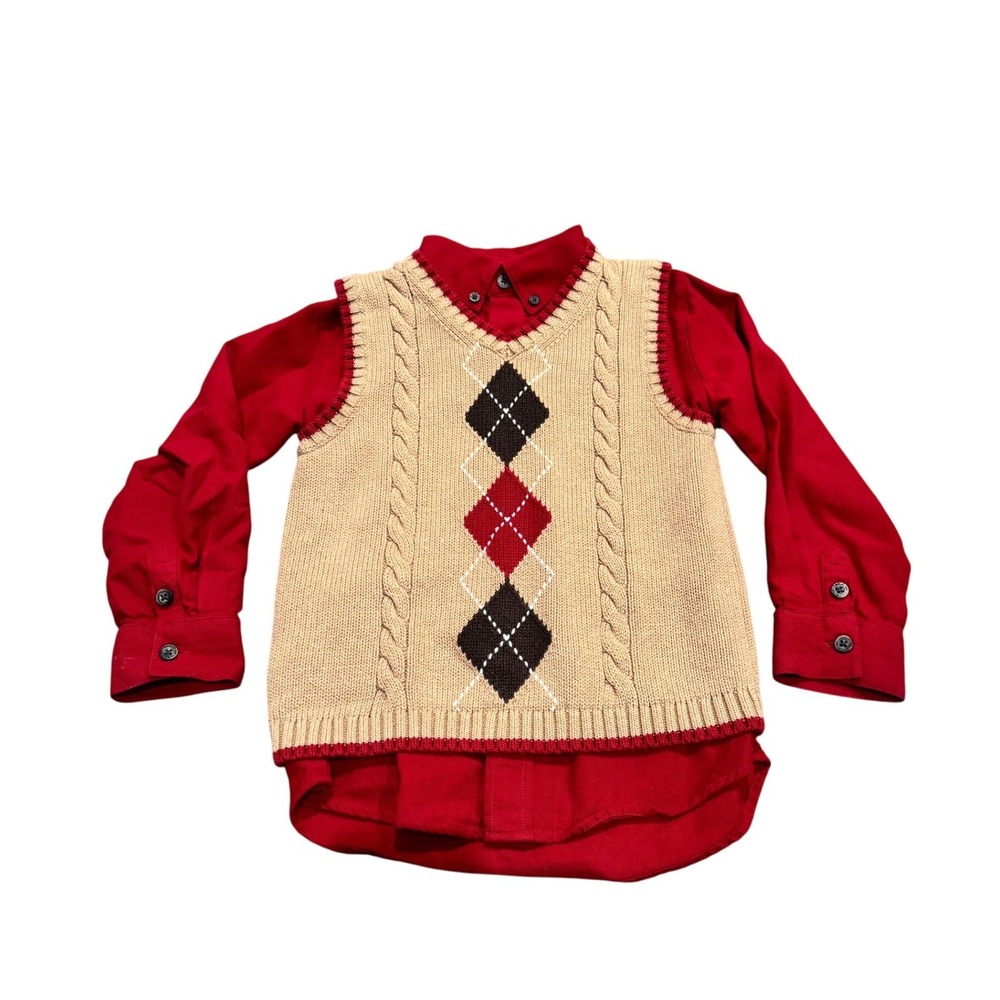 Janie and Jack Boys 5T Red Button Down Shirt and Argyle Sweater Vest Set